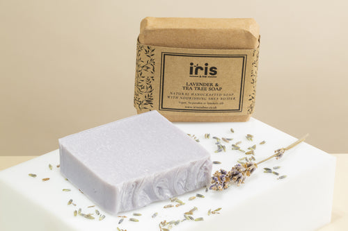 Lavender and Tea tree soap bar. This bar is used by people with sensitive skin, eczema and irritant skin and it has been proven effective. Tea tree essential oil is naturally antiseptic and when blended with soothing and calming Lavender it is the perfect blend to heal irritant skin.